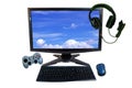 Desk with gadgets or electronic equipment for daily use, Computer desktop pc, Keyboard and wireless mouse, controllers or joystick Royalty Free Stock Photo