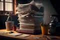 A desk with a giant pile of paperwork stack. Generative AI