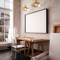 Desk in hipster style loft. mockup interior with posters. 3d