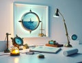 desk with lamp, clock and phone