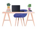 Desk with laptop books plants and chair vector design