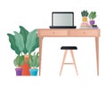 Desk with laptop books plants and chair vector design