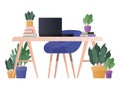 Desk with laptop books plants and chair vector design