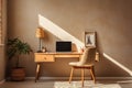 Desk with laptop and chair in a room with potted plants. Beautiful shadow on the wooden wall. Remote work concept