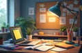 Desk with laptop, notebooks, pencils, and desk lamp. Plants on shelf. Bulletin board with notes on wall. Organized workspace for Royalty Free Stock Photo