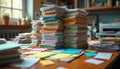 Desk with many paper stacks, colorful notes, and files. Represents busy work, paperwork chaos, and disorganization. Overloaded Royalty Free Stock Photo
