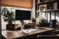 Desk With Monitor, Keyboard, and Speakers. Generative AI.
