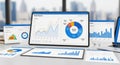 A desk with multiple devices displaying colorful market share and business performance graphs and charts Royalty Free Stock Photo