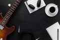 Desk of musician for songwriter work set with  guitar Royalty Free Stock Photo