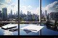 Desk with notepad, panoramic window view, a comfortable office haven Royalty Free Stock Photo