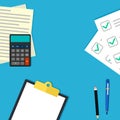 Desk with notepad and top view calculator. vector illustration