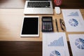 Desk office with laptop,taplet ,pen, analysis report ,calculator Royalty Free Stock Photo