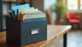Desk organizer holds colorful paper documents and files. Office table with neat stack of business reports and folders. Workplace Royalty Free Stock Photo