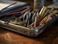 Desk organizer with writing utensils Royalty Free Stock Photo