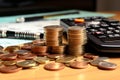 On the desk Pile of coins, calculator, and financial budget