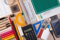 Desk with school stationary or office tools. Flat lay set of artist school stationery studio shot on school table background. Royalty Free Stock Photo
