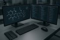 A desk setup features two computer monitors displaying both chemical diagrams and programming code on their screens Royalty Free Stock Photo