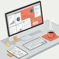 Desk setup illustration with a computer displaying various charts and graphs
