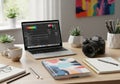 A desk setup with a laptop displaying an image editing program, a DSLR camera, and notebooks. Royalty Free Stock Photo