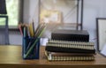 Desk for student education concept. Book and pencil on School table for student work at home Royalty Free Stock Photo