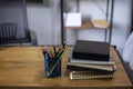 Desk for student education concept. Book and pencil on School table for student work at home Royalty Free Stock Photo