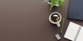 Desk top view background with pots and coffee notes on a brown desk, 3d rendering