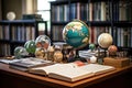 A desk topped with books and a globe on top of it created with generative AI technology