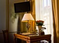 Desk and TV in hotel room Royalty Free Stock Photo