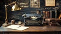 A desk with a typewriter, lamp and books on it, AI Royalty Free Stock Photo