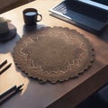 On the desk at the workplace, there sits a laptop alongside an exquisitely detailed Disney Pixar-style mandala art mat.