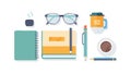 Desk Workspace with Notebook, Coffee Reading Glasses, vector design Generative AI Royalty Free Stock Photo