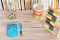 Desk of a young financier from elementary school. Mathematics is powerful knowledge Royalty Free Stock Photo