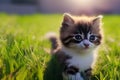 Cute kitten near flowers, vintage postcard with a picture of a kitten