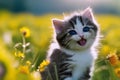 Cute kitten near flowers, vintage postcard with a picture of a kitten
