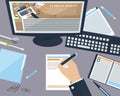 Desktop business man in the office with place for your text. Flat background. Vector