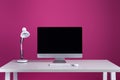 desktop computer with blank screen, keyboard, computer mouse and lamp Royalty Free Stock Photo
