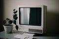 A desktop computer with a blank screen in a minimal. Illustration AI Generative Royalty Free Stock Photo