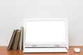 Desktop computer with blank white screen on the desk table. Royalty Free Stock Photo