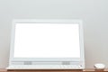 Desktop computer with blank white screen on the desk table. Royalty Free Stock Photo