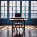 desktop computer blue screen in Luxury vintage large empty room generative ai illustration art Royalty Free Stock Photo