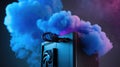 Desktop Computer With Blue Smoke Emanating From Case on Dark Background Royalty Free Stock Photo