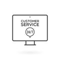 Desktop computer customer service 24/7 illustration. Concept of 24/7, open 24 hours, support, assistance, contact, customer