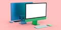 Desktop computer display with keyboard and mouse isolated on blue background Royalty Free Stock Photo