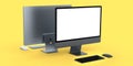 Desktop computer display with keyboard and mouse isolated on yellow background Royalty Free Stock Photo