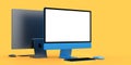 Desktop computer display with keyboard and mouse isolated on yellow background Royalty Free Stock Photo