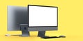 Desktop computer display with keyboard and mouse isolated on yellow background Royalty Free Stock Photo