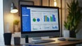 Desktop computer displaying google analytics data on a wooden office desk Royalty Free Stock Photo