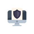 Desktop computer displaying security shield icon for data protection Royalty Free Stock Photo