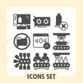 Desktop computer, folder ban, conveyor modern icons set depicting manufacturing and system, maintenance items in solid Royalty Free Stock Photo