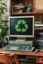 Desktop computer with green recycle symbol emphasizes importance of recycling electronic devices. Royalty Free Stock Photo
